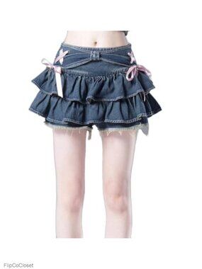 Y2K Ruffle Hem High Waist Pleated Mini Skirt A Line Flared Denim Skirt